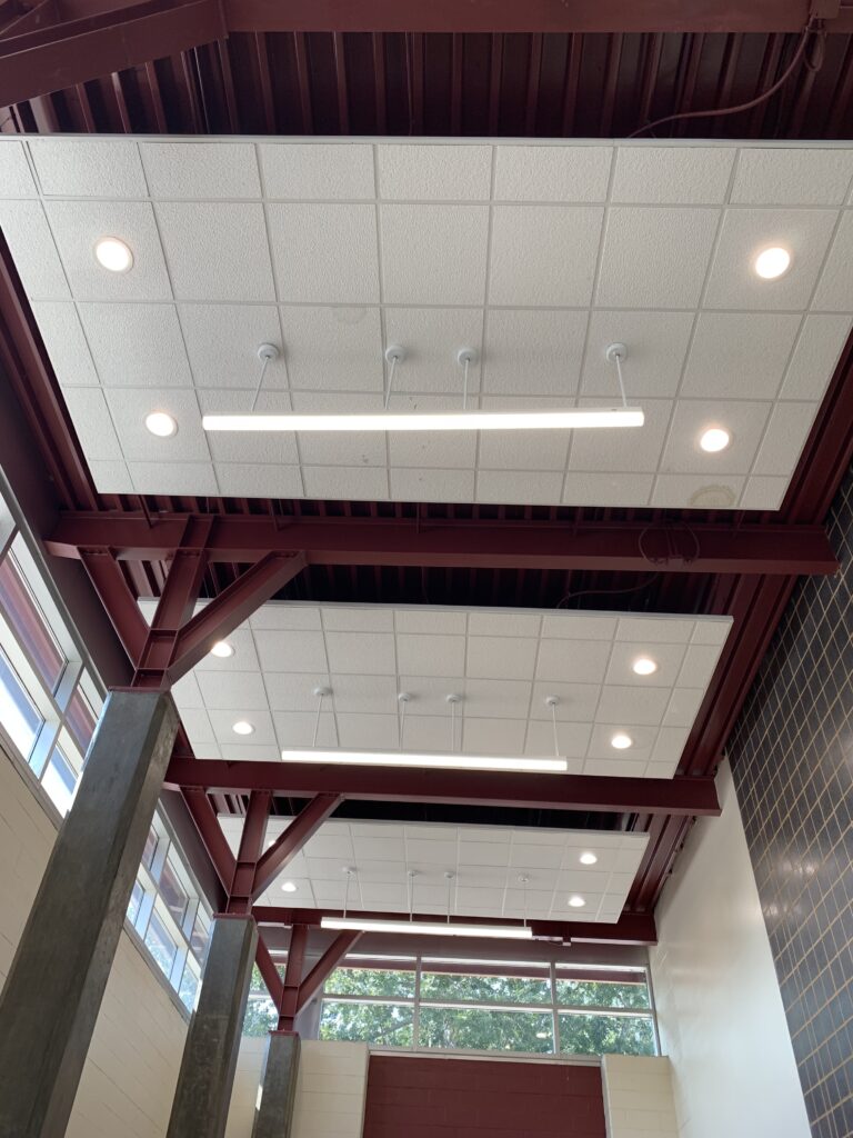 High ceilings at a school converted to LED Strip Lights and LED Down Lights