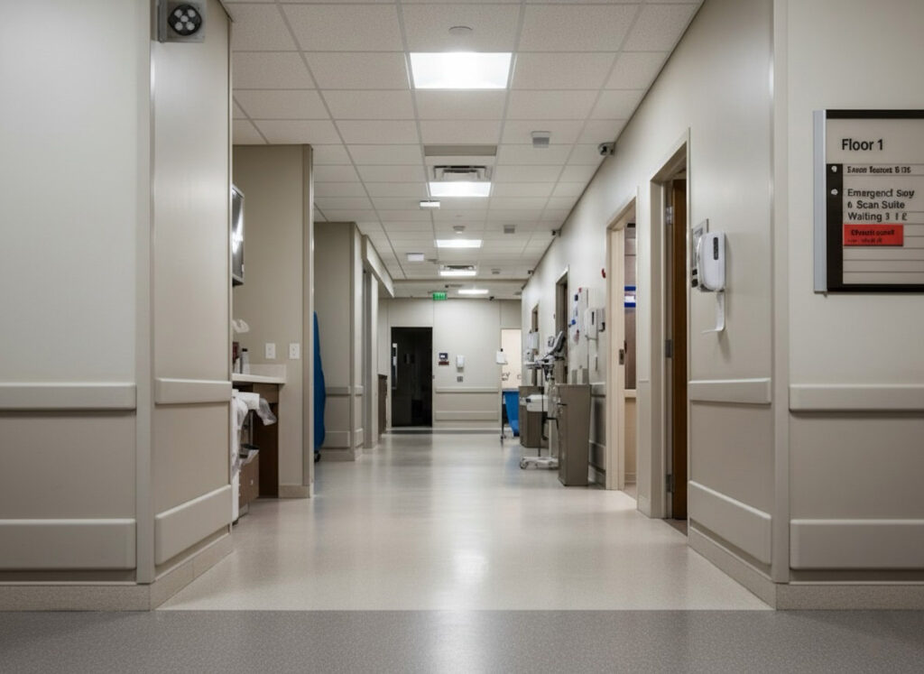 a bright hospital hallway after LED lighting installation